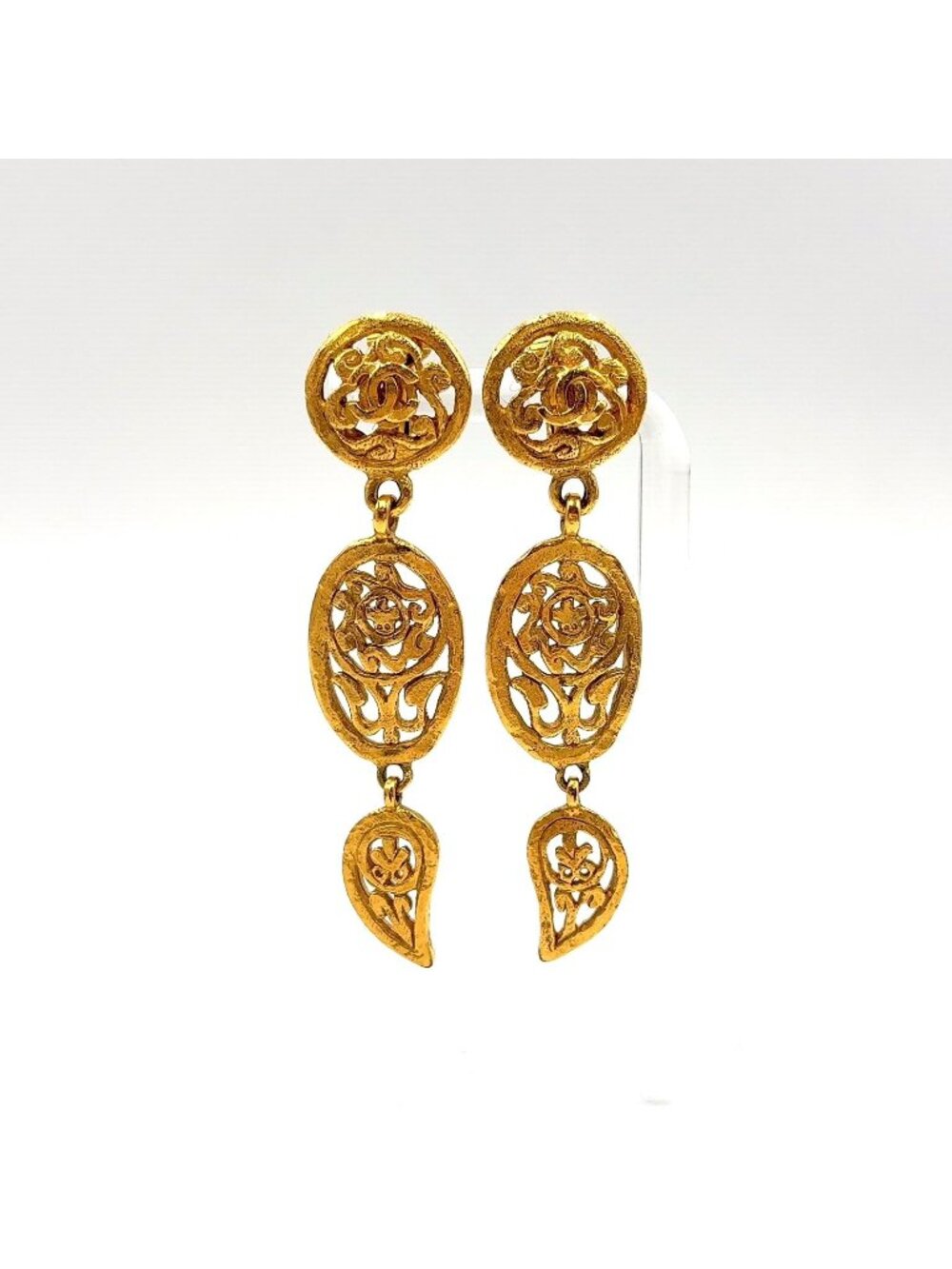 Chanel CC Logo Triple Swing Gold Plated Earrings